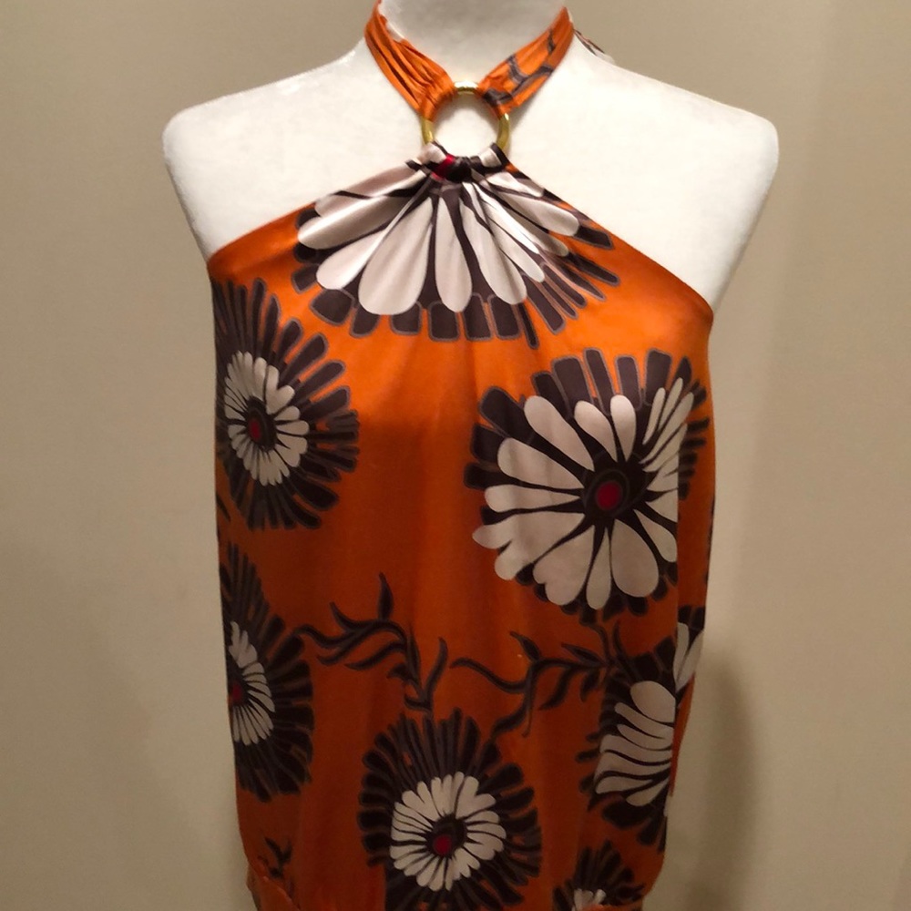 Arden B Orange Floral Halter Top with Ring Detail